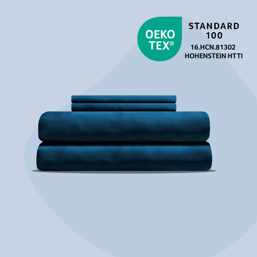 Juno Bamboo Sheets in Navy colour - with OEKO-TEX logo