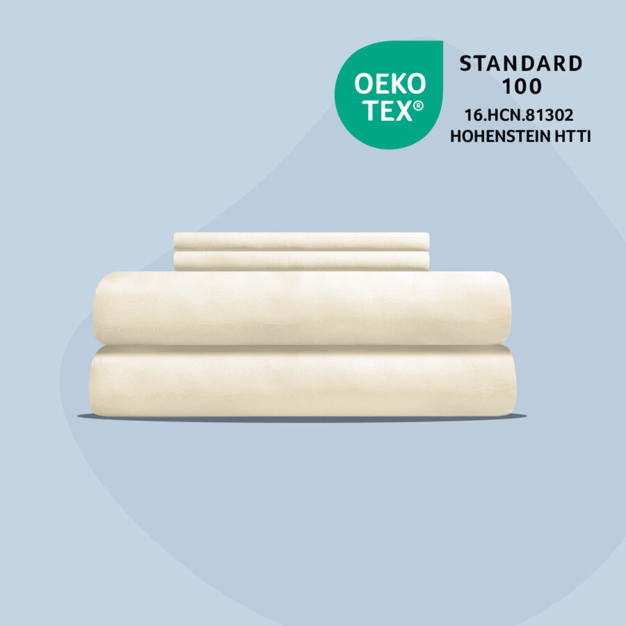 Juno Bamboo Sheets in Oatmeal colour - with OEKO-TEX logo