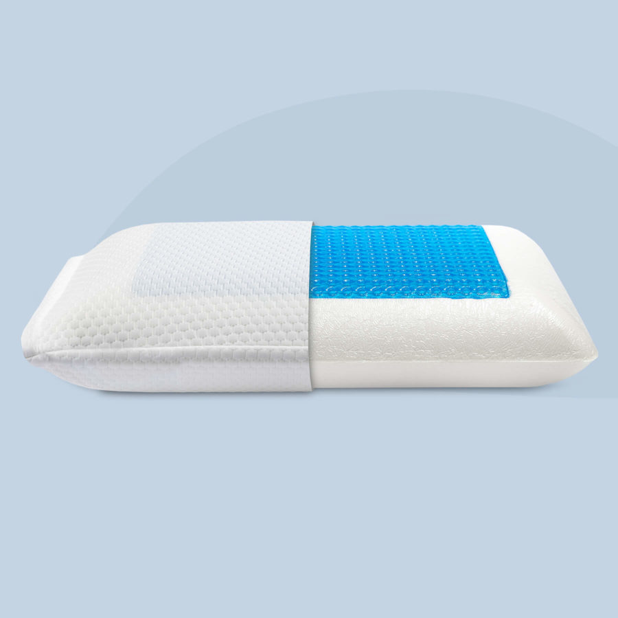 An image of the Juno Cooling Gel Pillow that shows half of the pillow exposed without its cover, revealing the blue cooling gel pad beneath.