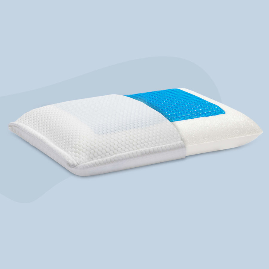 An angled view of the Juno Cooling Gel Pillow that also shows a half-section revealing the blue cooling gel pad beneath the pillow's cover.