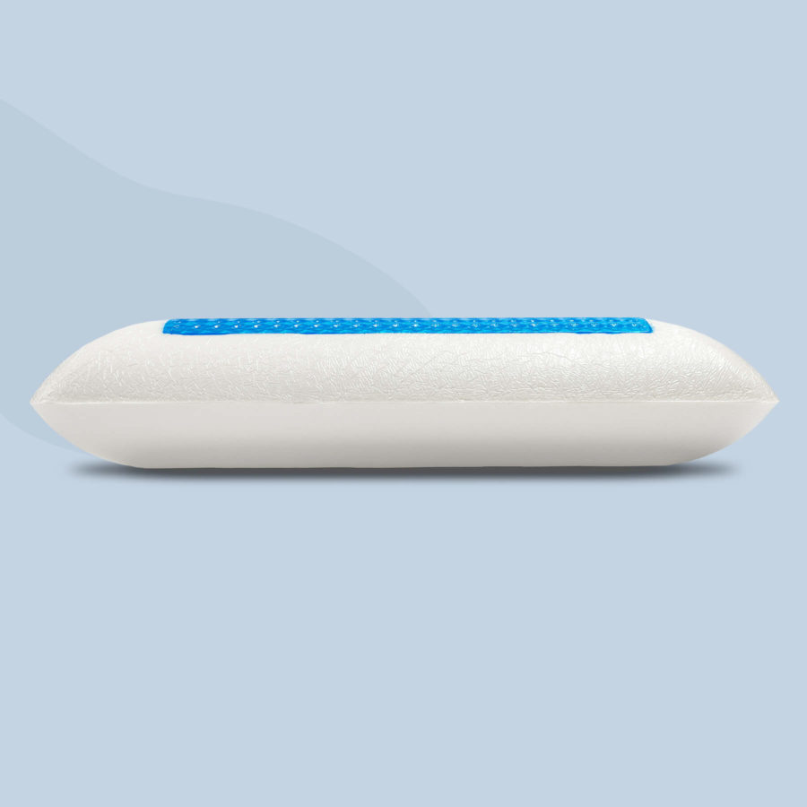 A side profile view of the Juno Cooling Gel Pillow sitting against a light blue background.