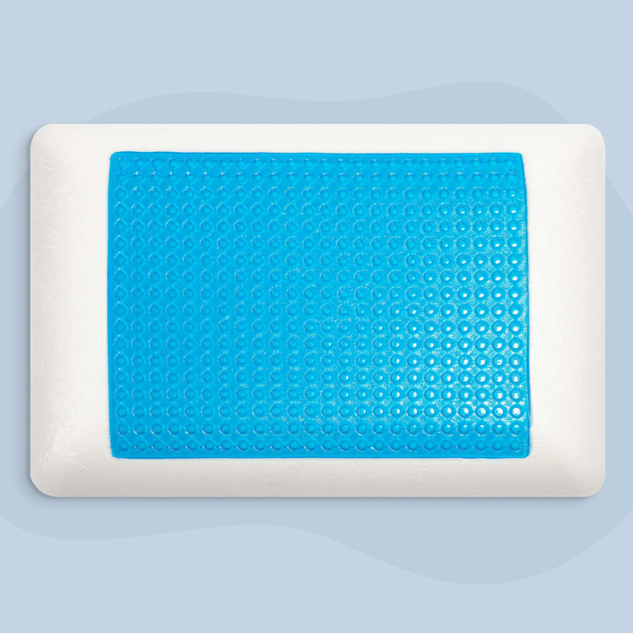 A top view of the Juno cooling gel pillow without a cover, showing the blue cooling gel pad beneath.