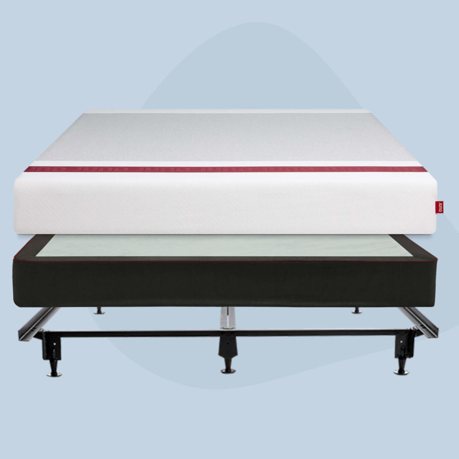 A picture showing the order of a full bed set. A Juno mattress that sits on top of a Juno foundation, all sitting on top of a metal bed frame.