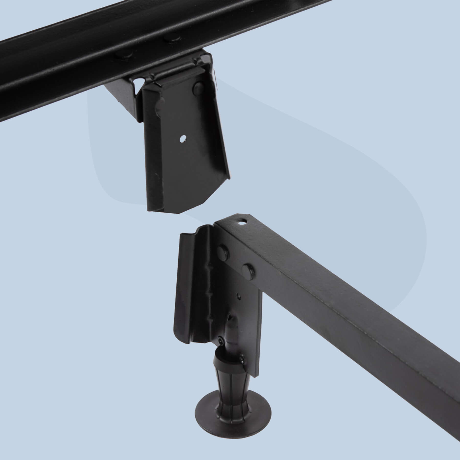 JB-MBF-Carousel-6 A close up of the Juno metal bed frame rails sliding on to the legs.