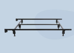 A side view of the Juno metal bed frame against a light blue background.
