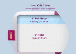 A diagram displaying Award winning layers of the Juno Mattress which includes a Knit Cover with an optional Cool+ cover upgrade, cooling gel foam, and support foam.