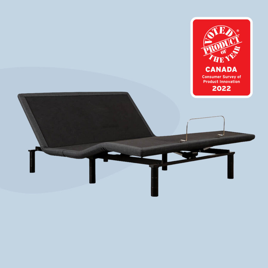 Podium adjustable bed with an award marker showing, 'Voted Product of the Year, Canada 2022, Consumer Survey of Product Innovation."