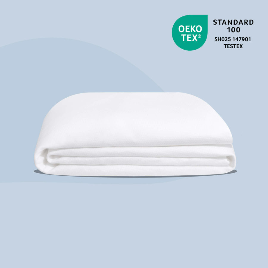 Folded Juno mattress protector with OEKO-TEX logo